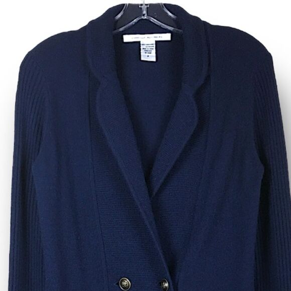 Diane Von Furstenburg 100% Cashmere Double Breasted Long Cardigan-Coat Navy Sz P - Picture 6 of 12